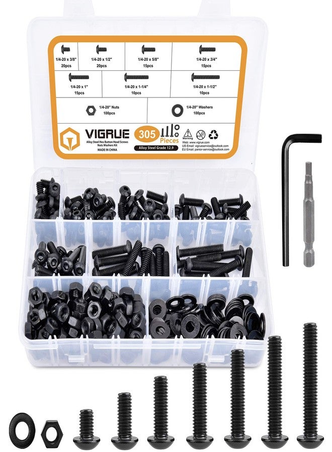 VIGRUE 305Pcs 1/4-20 Bolt and Nut Assortment Kit, 1/4-20 Black Button Head Socket Cap Screw Nuts Washers Kit, Assorted Allen Head Screws, Class 12.9 Alloy Steel - Image 1